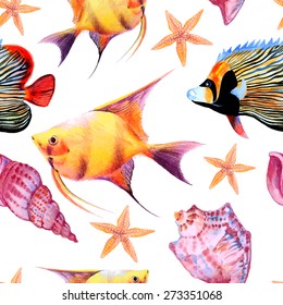 Vector seamless watercolor tropical fish pattern