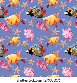 Vector seamless watercolor tropical fish pattern