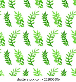 Vector seamless watercolour pattern. Nature background. Green watercolor leaves on white background.