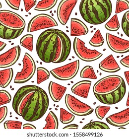 Vector seamless watermelon bright summer pattern. Doodle linear background with illustrations of fruits, hand drawn backdrop or wrapping
