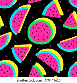Vector seamless watermelon fruit crazy colors pattern. abstract pop art on black