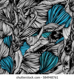 Vector seamless wave doodle hand drawn pattern. Black and white with turquoise part. Can be used for wallpaper, pattern fills, print and cloth, fabrics and canvas, background, surface textures.
