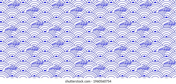 Vector Seamless Wave Pattern. Colorful Blue and White Sea Waves Illustration.