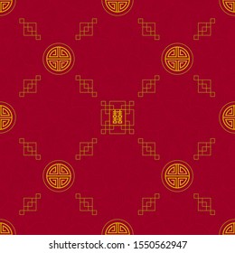 Vector seamless wave pattern with outline ornaments in Chinese style. Abstract design. Gold ornamental elements on red background.