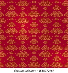 Vector seamless wave pattern with outline ornaments in Chinese style. Abstract ornamental design. Gold traditional Сhina elements on red background.