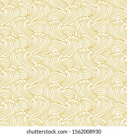 Vector Seamless Wave Pattern With Outline Ornaments In Chinese Style. Abstract Ornamental Design. Gold Traditional Сhina Elements On White Background.