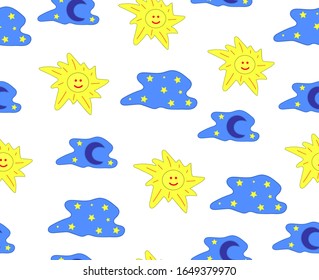 Vector de fondo del tiempo sin fisuras con nubes dibujadas a mano, luna y estrellas.