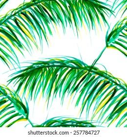 Vector seamless wet watercolor pattern with palm leaves. 