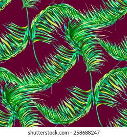 Vector seamless wet watercolor pattern with palm leaves. 