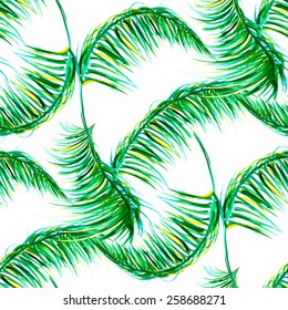 Vector seamless wet watercolor pattern with palm leaves. 