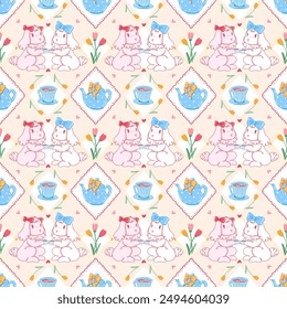 Vector Seamless Whimsical Rabbit Tea Party Pastel Pattern