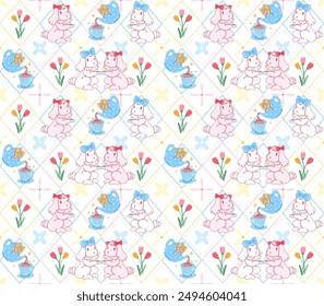 Vector Seamless Whimsical Rabbit Tea Party Pastel Pattern