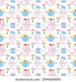 Vector Seamless Whimsical Rabbit Tea Party Pastel Pattern