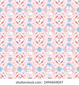 Vector Seamless Whimsical Rabbit Tea Party Pastel Pattern