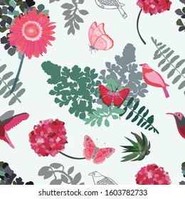 vector seamless white background with flowers and foliage.