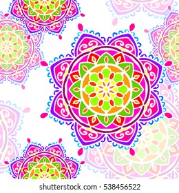 vector seamless white background with round pattern mandala rainbow color