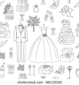 Vector seamless white  background with wedding hand drawn icons.