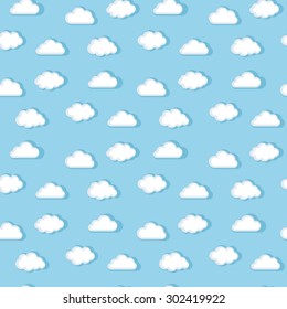 Vector seamless white clouds  pattern on a blue background  in flat style with shadow