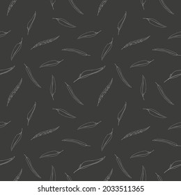 Vector seamless white doodles flying, soaring feathers on grey background. Endless gentle autumn hand-drawn ornament for gift paper, textile, scrapbooking, wrapping.
