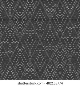 Vector seamless white geometric line pattern of triangles and rhombus on black dark background in hipster style.