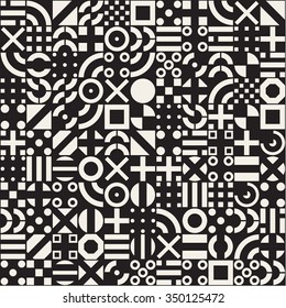 Vector Seamless White Geometric Primitive Square Blocks Grid Pattern on Black Abstract Background