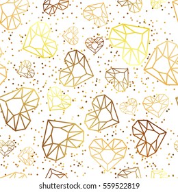 Vector seamless white glossy background with outline gold heart diamonds, gems, jewels. Golden holiday texture for Valentines greeting card, banner, poster, flyer, party invitation, jewelry gift shop