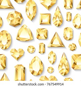 Vector de fondo brillante blanco transparente con joyas doradas 3d, joyas. Diamantes dorados brillantes con diferentes cortes. Textura de lujo para regalo de vacaciones y joyería.