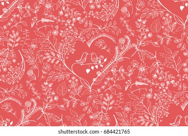 vector seamless white Heart and floral pattern on a red background