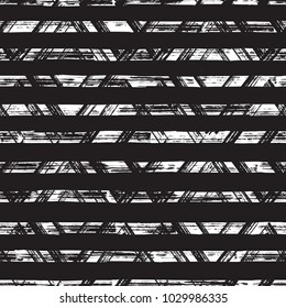 Vector Seamless White Paint Brush Grunge Strokes Stripes with Rhombus Prints on Black Background 