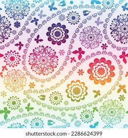 Vector seamless white pattern with vintage colorful gradient paisley and butterflies