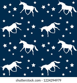 Vector seamless white silhouette unicorn pattern on dark blue background
