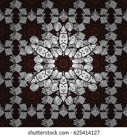 Vector. Seamless white texture curls. Seamless pattern on brown background with white elements. Oriental style arabesques. Brilliant lace, stylized flowers, paisley. Openwork delicate white pattern.