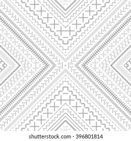 Vector seamless white tribal embroidery pattern. High detailed grey and white stitches. Ethnic boundless texture. Can be used for web page backgrounds, wallpapers, wrapping papers and invitations.