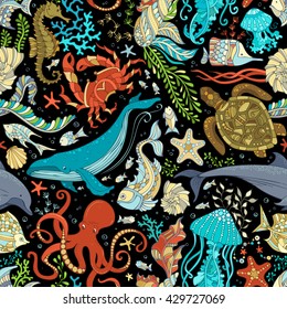 Vector seamless wild sea life pattern. Colorful octopus, whale, dolphin, turtle, fish, starfish, crab, shell, jellyfish, seahorse, algae on black background. Underwater ocean animals and plants.