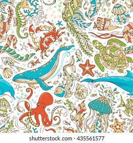 Vector seamless wild sea life pattern. Octopus, whale, dolphin, turtle, fish, starfish, crab, shell, jellyfish, seahorse, algae on white background. Doodles underwater ocean animals and plants.