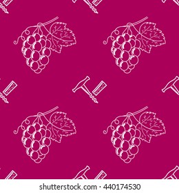 Vector seamless wine background with corkscrew, cork and grape. Wine or winery pattern.