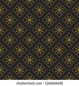 Vector seamless winter abstract pattern. Gold snowflakes on black background. Perfect for wrapping paper or fabric.