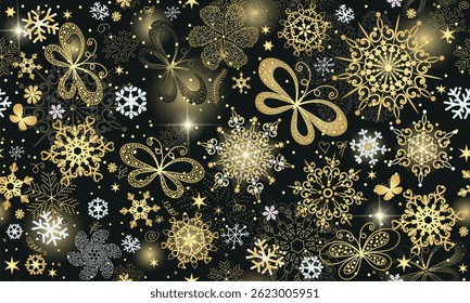 Vector seamless winter black pattern with doodle golden snowflakes and gradient spots and butterflies. For textile, wallpaper and packaging