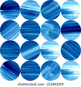 Vector seamless winter blue pattern. Retro background with circles. Bright acrylic brush strokes. 