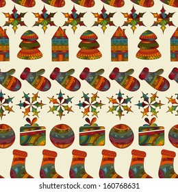 Vector seamless winter  Christmas pattern with socks, mittens, fir trees, balls, houses, present boxes,  pattern in swatch menu