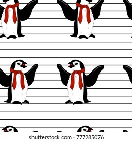 Vector seamless winter christmas penguins in red scarf pattern