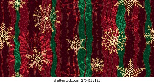 Vector seamless winter christmas striped pattern with doodle golden snowflakes and stars and wave lines