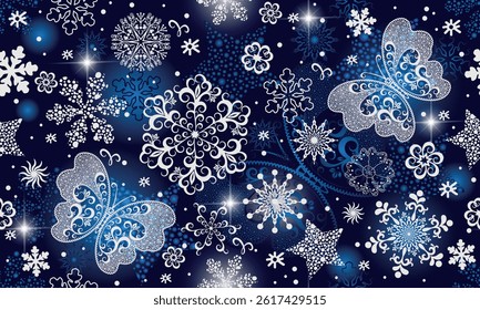 Vector seamless winter dark blue pattern with doodle snowflakes and stars and dotted butterflies. For textile, wallpaper and packaging
