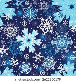 Patrón azul oscuro de Vector sin costuras con copos de nieve doodle y puntos degradados. Para textiles, Fondo de pantalla y envases