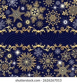 Vector seamless winter dark blue pattern with doodle golden and white snowflakes and spirals and vivid stars
