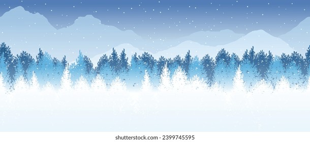 Vector Seamless Winter Forest Background Illustration With Mountains In The Background. Horizontally Repeatable.