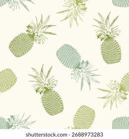 Vector seamless winter green and cyan pineapple textured pattern background. Fruit design for textile, print, packaging, gift warp, wallpaper, background. Cartoon flat style. 
