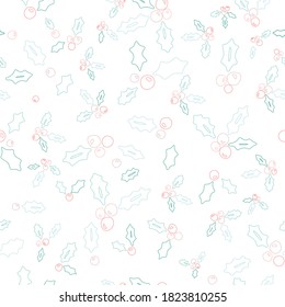 Vector Seamless Winter Holly Leaves Hand drawn Line Art pattern
