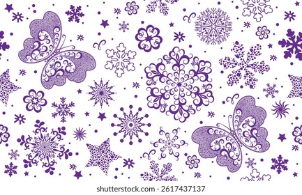 Vector seamless winter monochrome violet pattern with doodle snowflakes and stars and dotted butterflies on a transparent. For textile, wallpaper and packaging