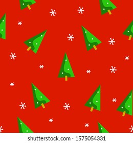 Vector seamless winter New Year and Christmas pattern with Christmas trees and snowflakes on a red background. Template for cards, packaging, wallpaper, paper, notebooks, print, clothes and more.